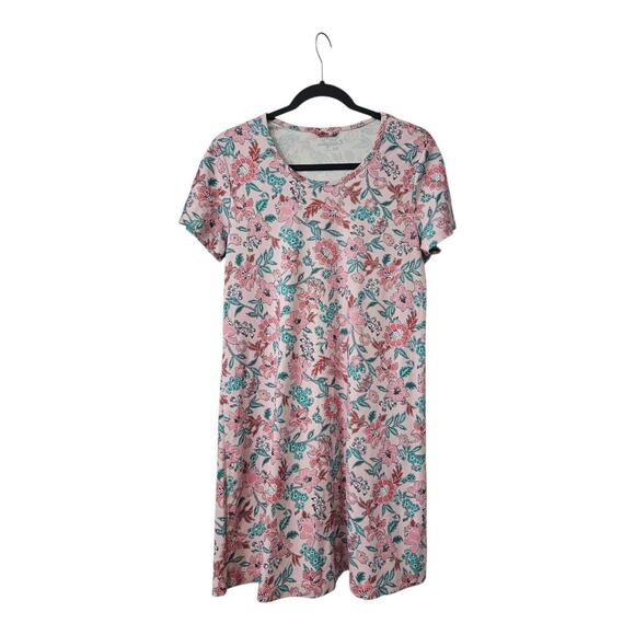 Lands' End Shift Dress MEDIUM 100% Cotton Floral Stretch S/S Pink Green Casual - Picture 1 of 8